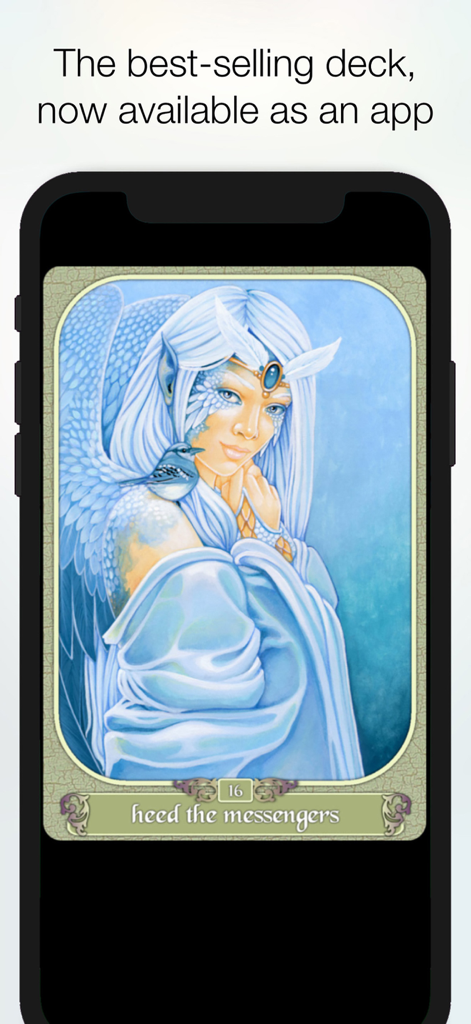 Messenger Oracle mobile app interface showing a digital card with ethereal blue artwork and a winged figure