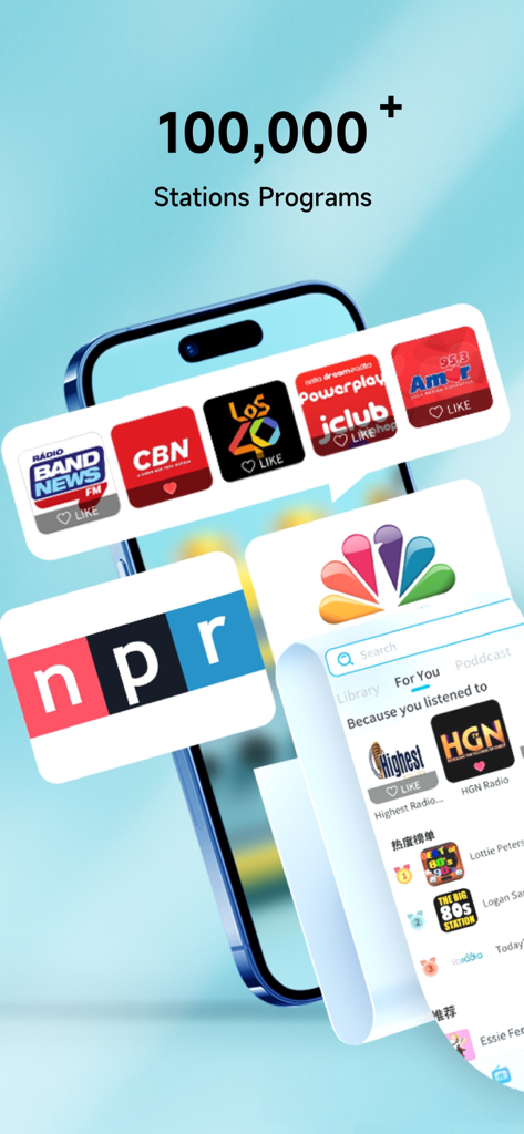 Radio App - FM Radio Stations - Ein Smartphone, das eine Vielzahl von Radiosendersymbolen zeigt, darunter NPR und Los 40, mit dem Text 100000 plus Senderprogramme.