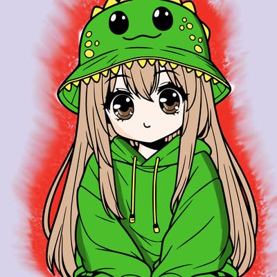 girl with anime shaped eyes with a dinosaur bucket hat oversized sweatshirt long straight hair