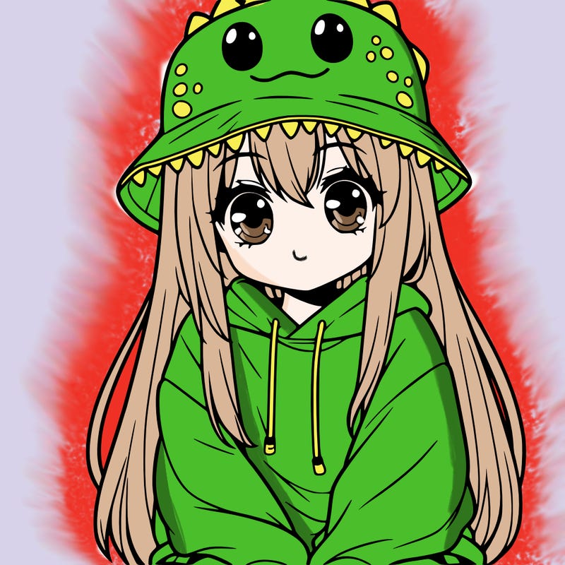 girl with anime shaped eyes with a dinosaur bucket hat oversized sweatshirt long straight hair