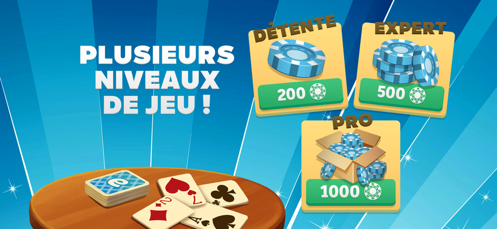 Capture d'écran du jeu en ligne Belote et Coinche montrant plusieurs niveaux de jeu, notamment Détendu, Expert et Pro, avec les montants de jetons correspondants.