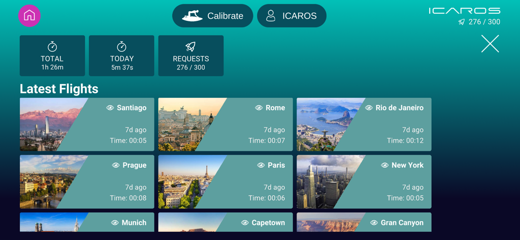 ICAROS EXPLORE - ICAROS EXPLORE app dashboard showing latest virtual flight locations and workout statistics