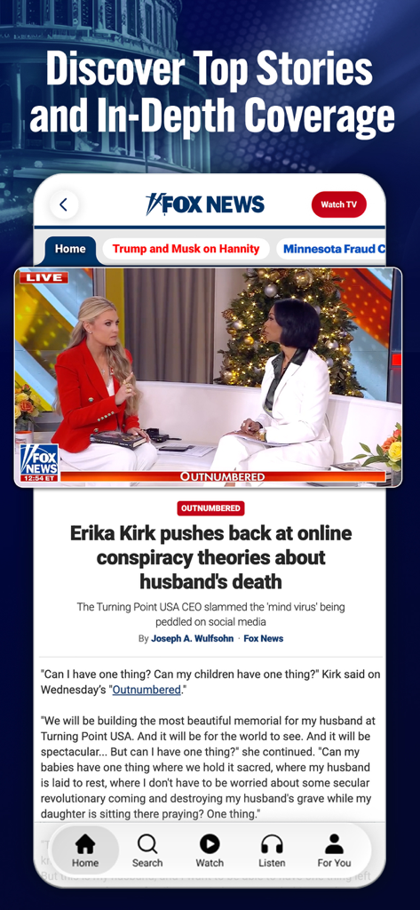 Aplicación Fox News mostrando las principales noticias y cobertura de transmisión en vivo