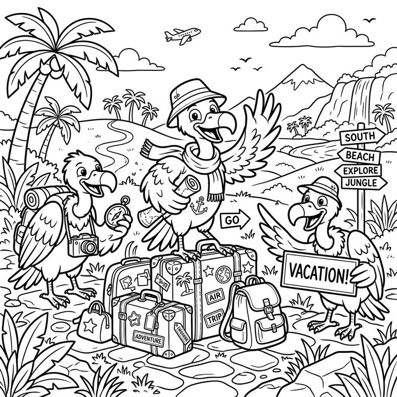 Get ready for a global adventure with our unique Vulture Vacation coloring page! Watch as these intrepid birds pack their bags and head off to explore exciting new destinations, from jungles to beaches.