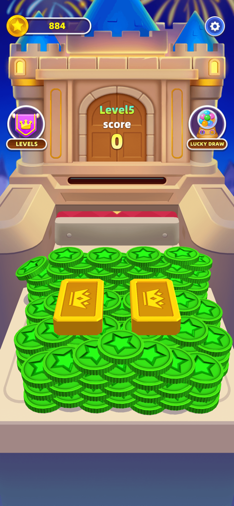 Dozer Night - Lucky Magic - A mobile game screen showing a stack of green coins and gold bars in a coin pusher machine with a castle background