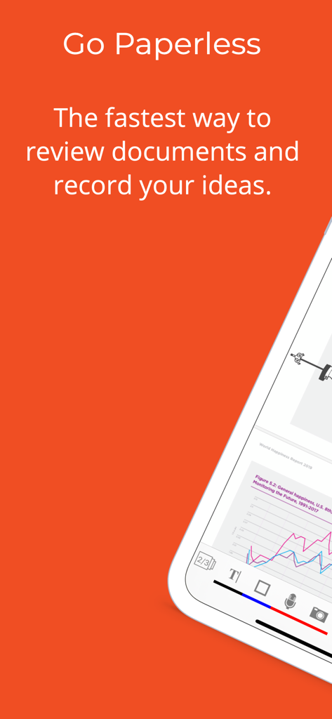 Um smartphone mostrando a interface do aplicativo iAnnotate 4 com um gráfico de documento e o texto Livre de Papel