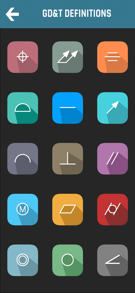 CNC Machinist Calculator Pro - A grid of colorful icons representing geometric dimensioning and tolerancing symbols in the CNC Machinist Calculator Pro app.