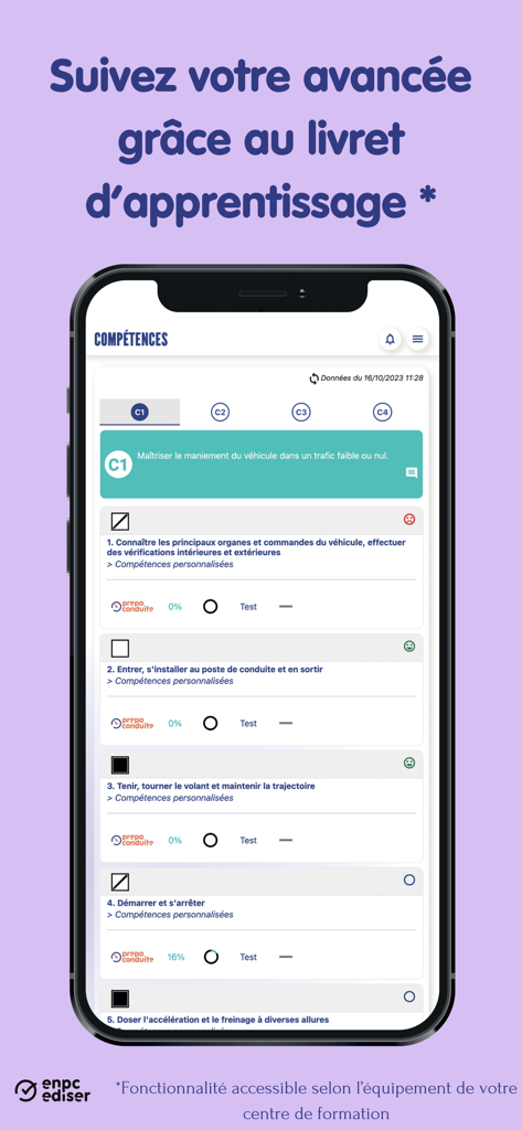 Kopilote - Kopilote app interface showing driving skills list and learning progress tracking