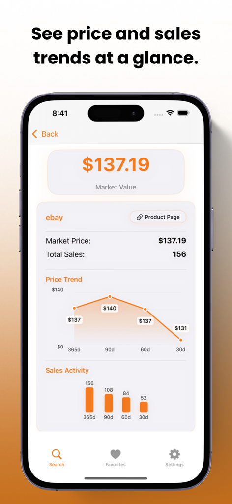 Deal Reaper - 이베이에서 스니커즈의 가격 추세 및 판매 활동을 보여주는 모바일 앱 화면.