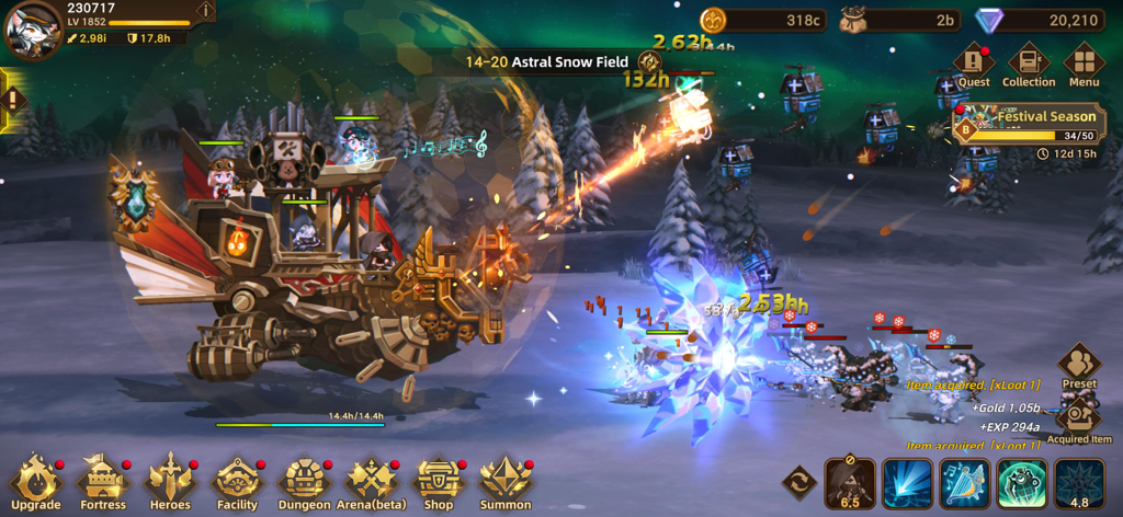 Gameplay of Fortress Saga AFK RPG showing a customizable moving fortress battling enemies in a snowy landscape