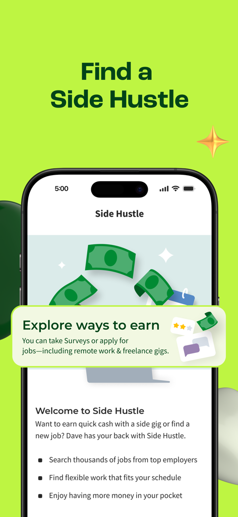 Interfaz de la aplicación Dave para encontrar trabajos secundarios, trabajos por encargo y trabajos remotos para ganar dinero extra.