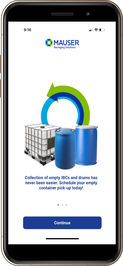 Mauser Packaging Solutions - Mauser Packaging Solutions app welcome screen showing industrial drums and IBC containers for collection