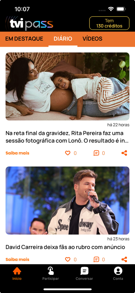 Interfaz de la aplicación TVI Pass que muestra un feed de noticias de entretenimiento portugués y actualizaciones de celebridades.