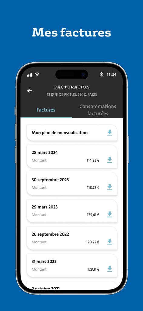 Veolia & moi - Eau - Screenshot of the Veolia water app showing a list of past bills with dates and payment amounts