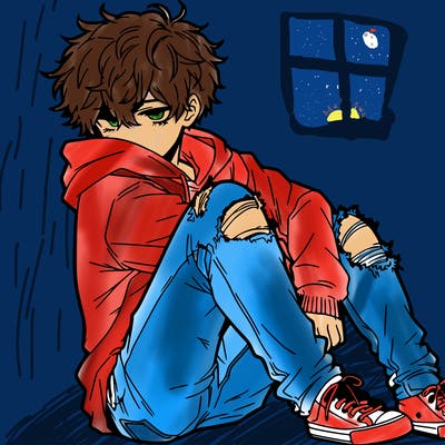 a male hoddie ripped jeans messy hair anime