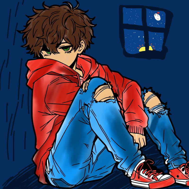 a male hoddie ripped jeans messy hair anime