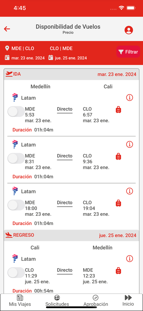 Oberfläche der Cocha Corp App, die Flugverfügbarkeit und Suchergebnisse für Geschäftsreisen zwischen Medellín und Cali anzeigt.