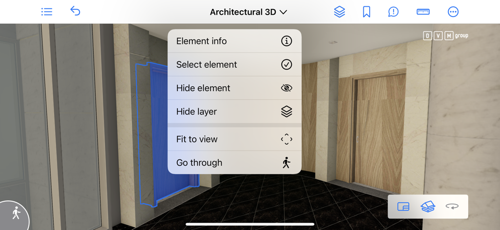 BIMx - BIMx Mobile App-Oberfläche, die ein 3D-Architekturmodell mit einem geöffneten Menü zur Interaktion mit Elementen zeigt.
