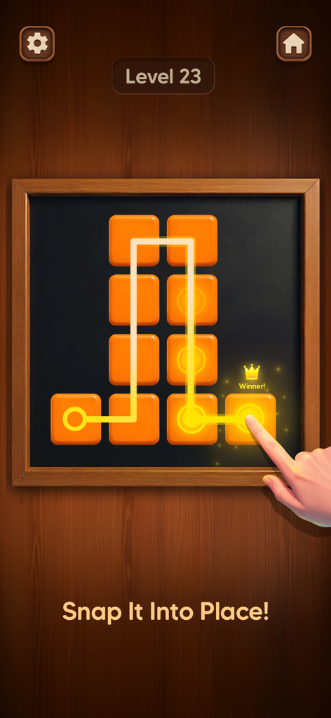 A hand completing a satisfying tile connection puzzle in the Relaxing Toys Mini Games app