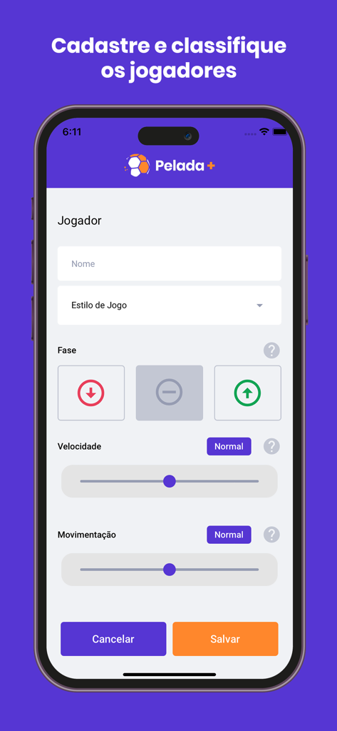Pelada+ - Pelada plus App-Oberfläche zur Registrierung von Fußballspielern und zur Bewertung ihrer Fähigkeiten