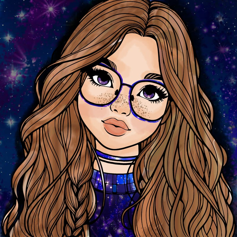 girl with long hair and freckles and glasses realistic