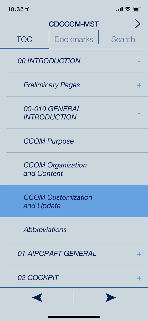 Table of contents in the Airbus A220 Flight Deck app showing aviation manual sections