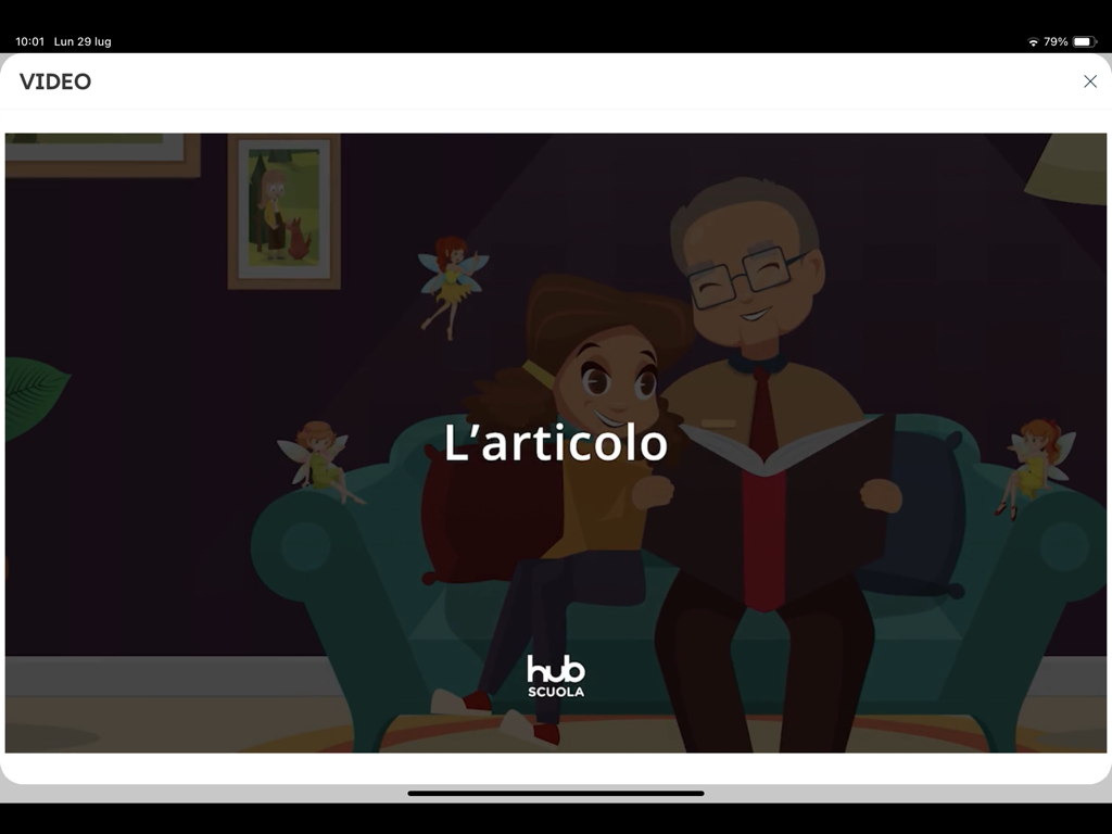 HUB Young - An animated video lesson in the HUB Young app featuring a student and teacher learning about Italian grammar