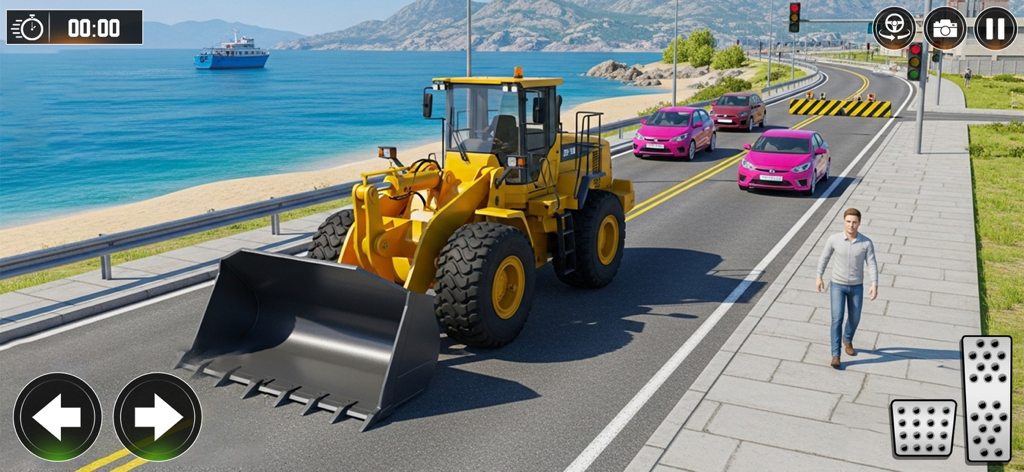 Heavy Excavator Machine Game - Um carregador frontal amarelo dirigindo em uma estrada costeira cênica com tráfego e um pedestre em um jogo de simulação de construção.