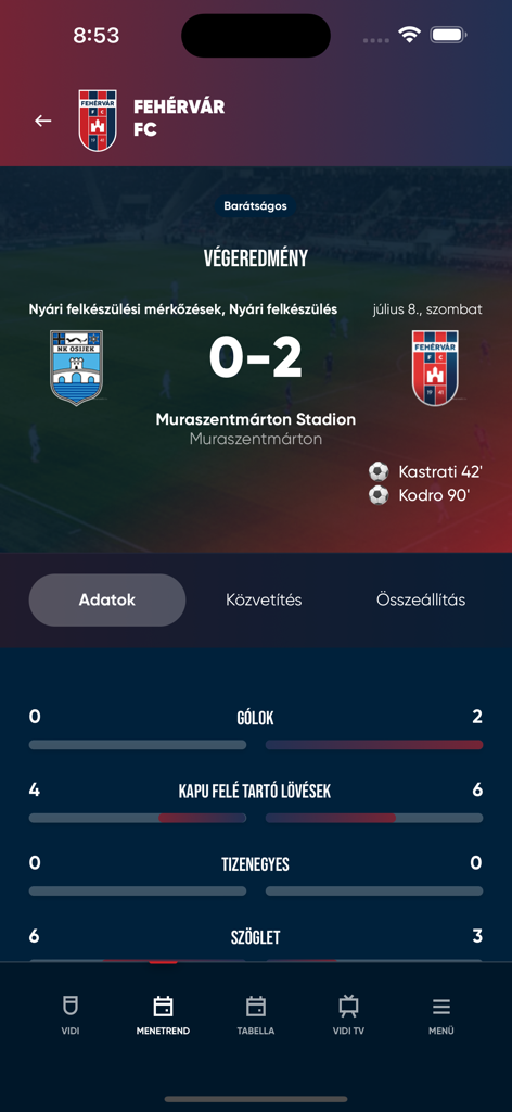 Vidi app - Fehervar FC official app screen showing soccer match results and team statistics