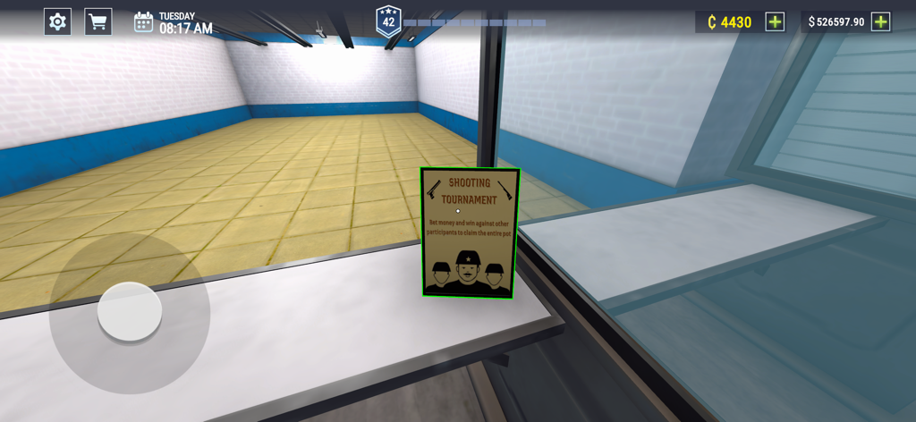 Gun Shop Simulator 3D Shooting - A first-person view of a shooting tournament sign inside the Gun Shop Simulator game environment.