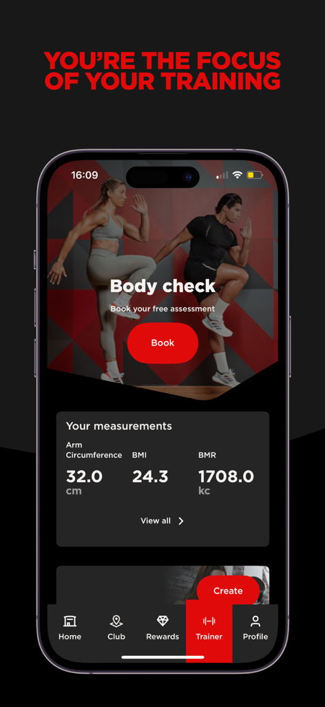MyVirginActive app display of user body measurements and training assessment booking interface