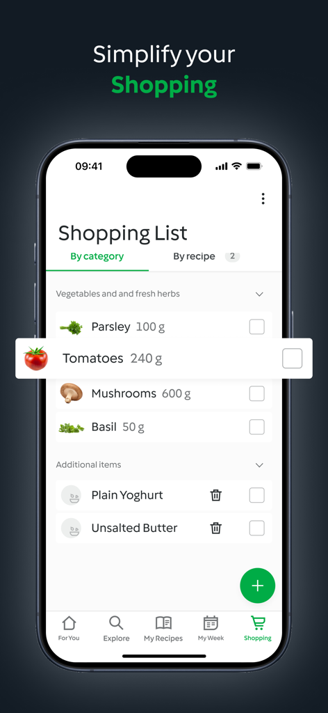 Thermomix® Cookidoo® App - Uno smartphone che mostra la funzione lista della spesa dell'app Cookidoo con articoli di drogheria categorizzati come verdure ed erbe aromatiche.
