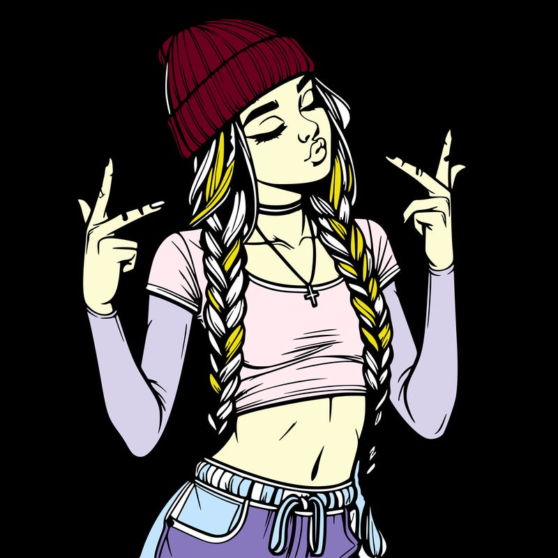 realistic teenage girl with braids and a beanie and crop top doing 🫶🏼