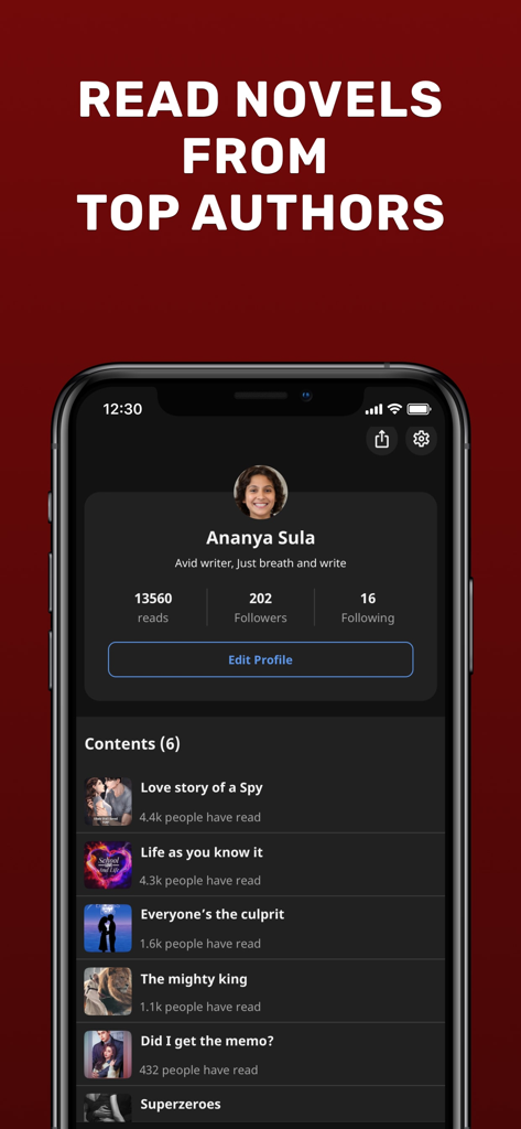 Pratilipi - Books and Stories - Pratilipiアプリのインターフェースに、フォロワーと出版された本のリストが表示された著者プロフィールが表示されている
