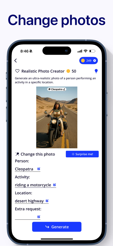 Oberfläche von Cartoon Photo Editor, die einen KI-realistischen Fotogenerator mit einem generierten Bild von Kleopatra auf einem Motorrad in der Wüste zeigt