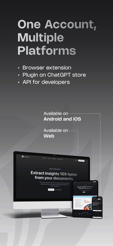 AskYourPDF app interface displayed on a desktop monitor, tablet, and smartphone showing multi-platform sync.