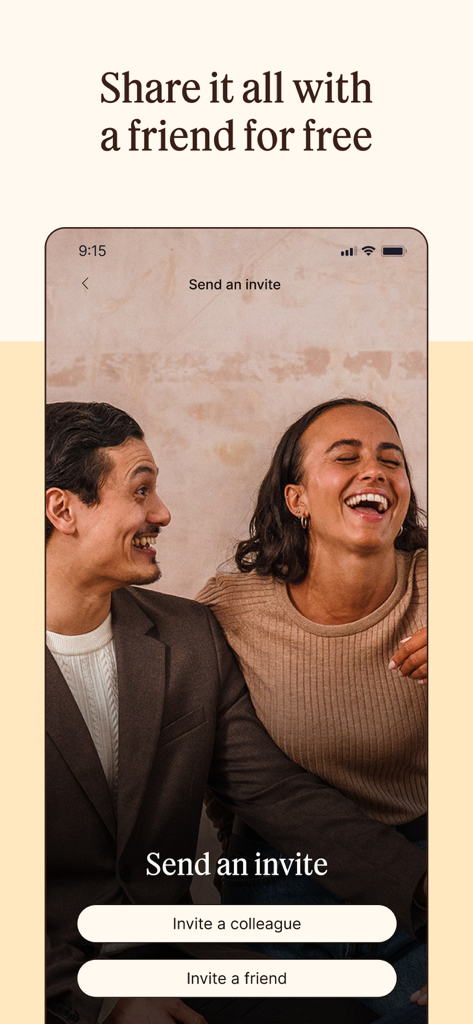 Unmind app screen for inviting a colleague or friend with two people smiling.