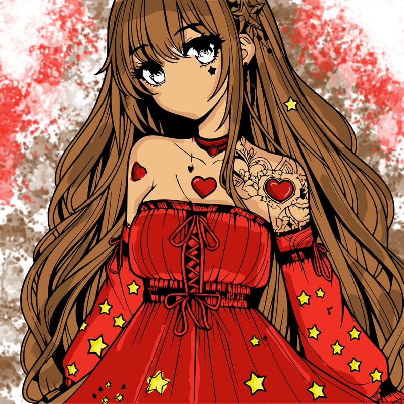 realistic anime girl with long hair star heart tattoos with a fabric dress