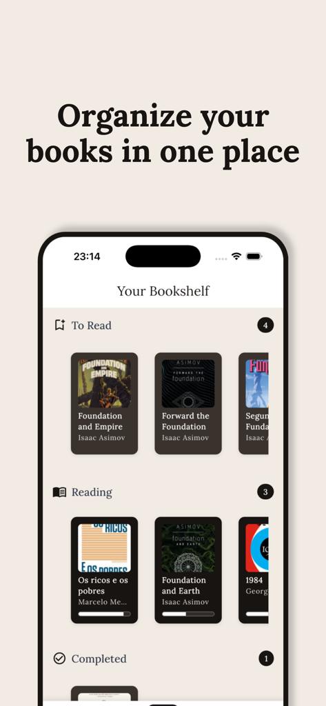 Readaily — Book Reading Habit - A minimalist digital bookshelf interface in the Readaily app showing books categorized by to-read, reading, and completed status.