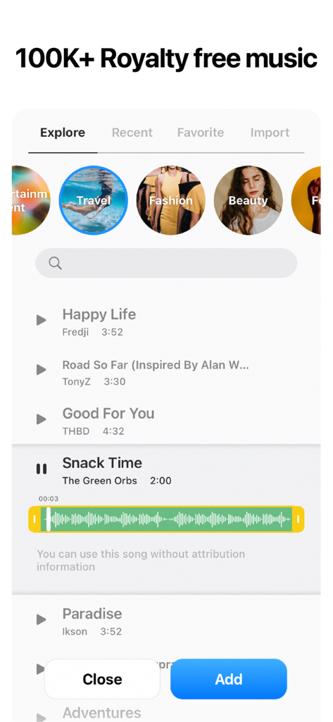 Interfaccia della libreria musicale dell'app Vlogr che mostra tracce royalty-free categorizzate per viaggi, moda e bellezza