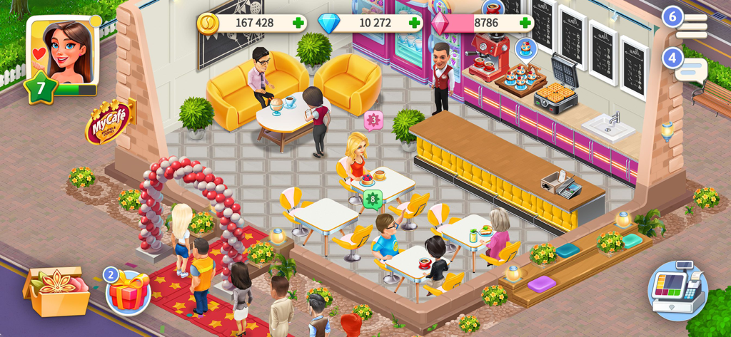 Busy cafe interior showing customers at tables and staff members in a colorful restaurant management game