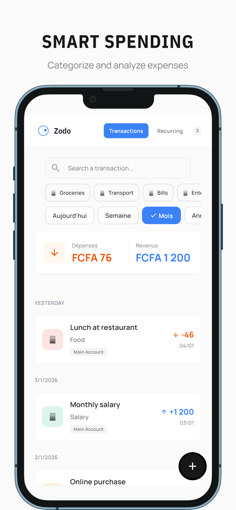 Zodo - Pantalla minimalista de gestión financiera en la aplicación Zodo que muestra transacciones y resumen de gastos mensuales