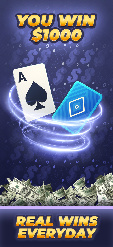 Werbebildschirm für Echtgeld Solitaire Skillz, der einen Gewinn von tausend Dollar und Geldscheine zeigt