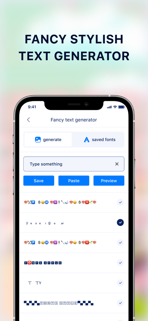 My Photo Background Keyboard - Una interfaz de aplicación móvil que muestra un generador de texto elegante y sofisticado con varias opciones decorativas de fuentes y emojis para la personalización del teclado.
