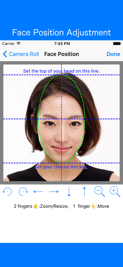 Interface de ajuste de posição facial no aplicativo Easy-ID-Photo Creator Pro com guias de alinhamento de cabeça e queixo