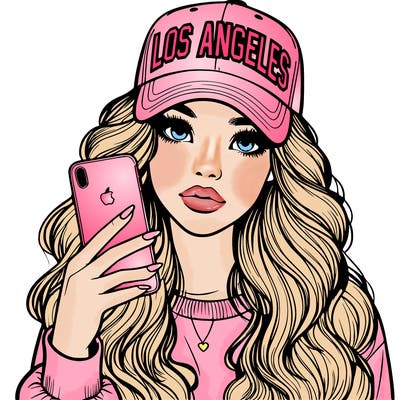 realistic beautiful girl wearing los ángeles cap holding an iphone