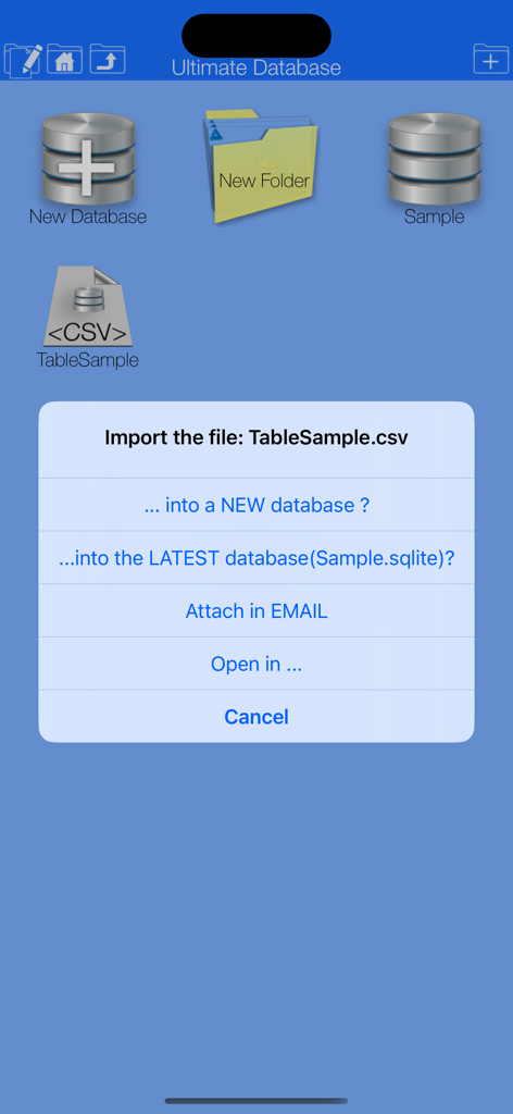 Ultimate Database - A mobile interface of Ultimate Database showing a menu with options to import a CSV file into a new or existing SQLite database.