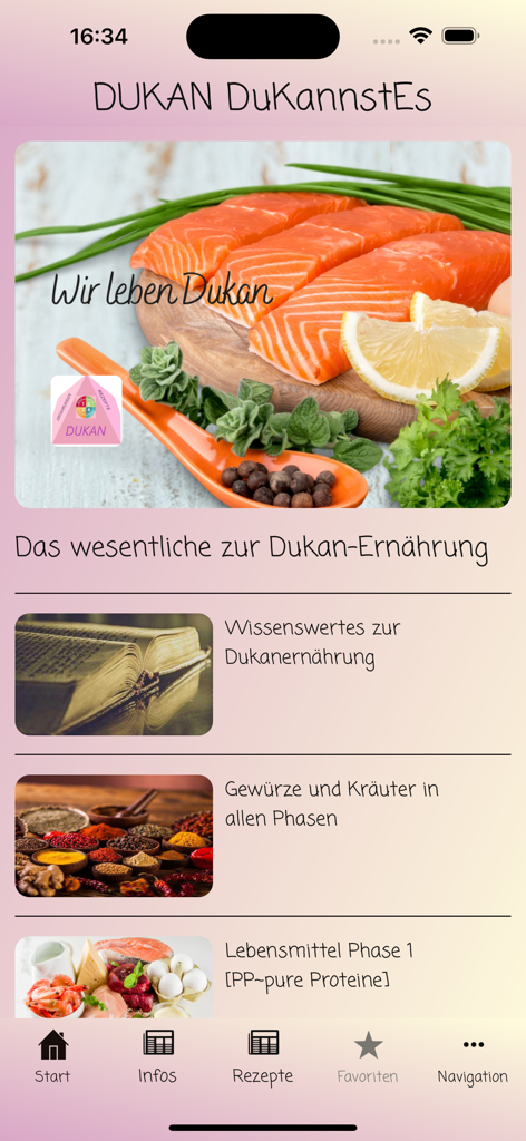 Home screen of the DUKAN DuKannstEs app featuring categories for Dukan diet info spices and phase 1 foods