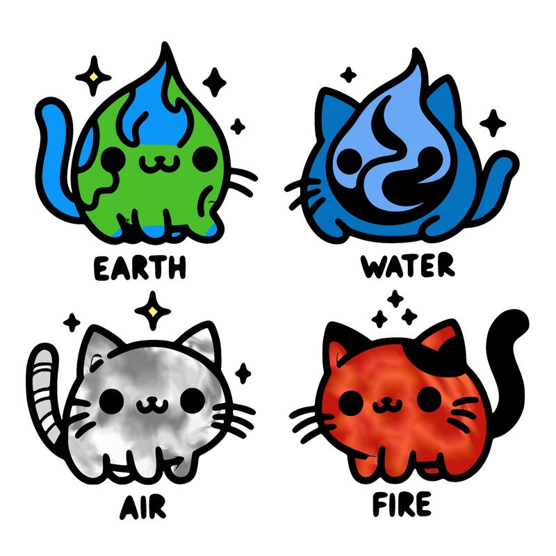 4 cats that represent the different elements, earth, water, air, and fire