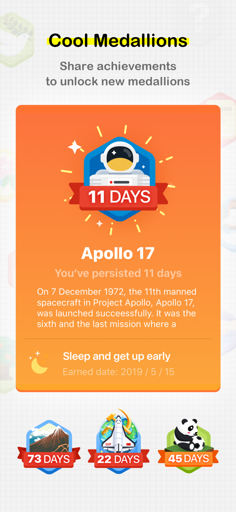 iBetter habit tracker app interface showing collectible achievement medallions for habit streaks